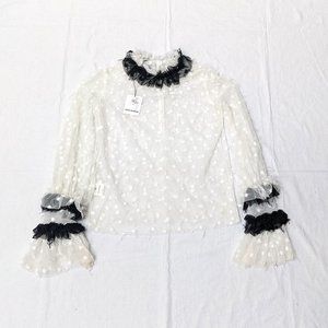 Anaïs Jourden White/Black Twinkle Top w Ruffle Collar & Sleeve Size 36 US 4 New!